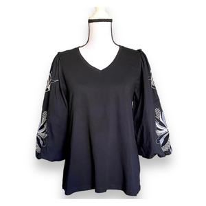 Chico's Embroidered Puff Sleeve Tee Top Sz 1 (M/8) Black Cotton Modal Boho Chic